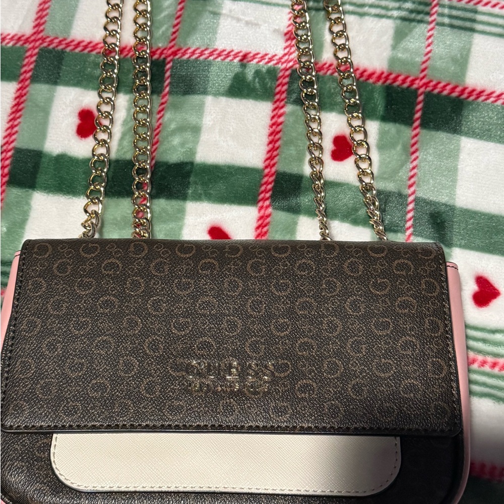 Guess Brown and Cream Crossbody with Gold Chain